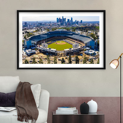 Dodger Stadium Aerial View, Stadium Canvas, Sport Art, Gift for him, White Border Framed Art Print Wall Decor