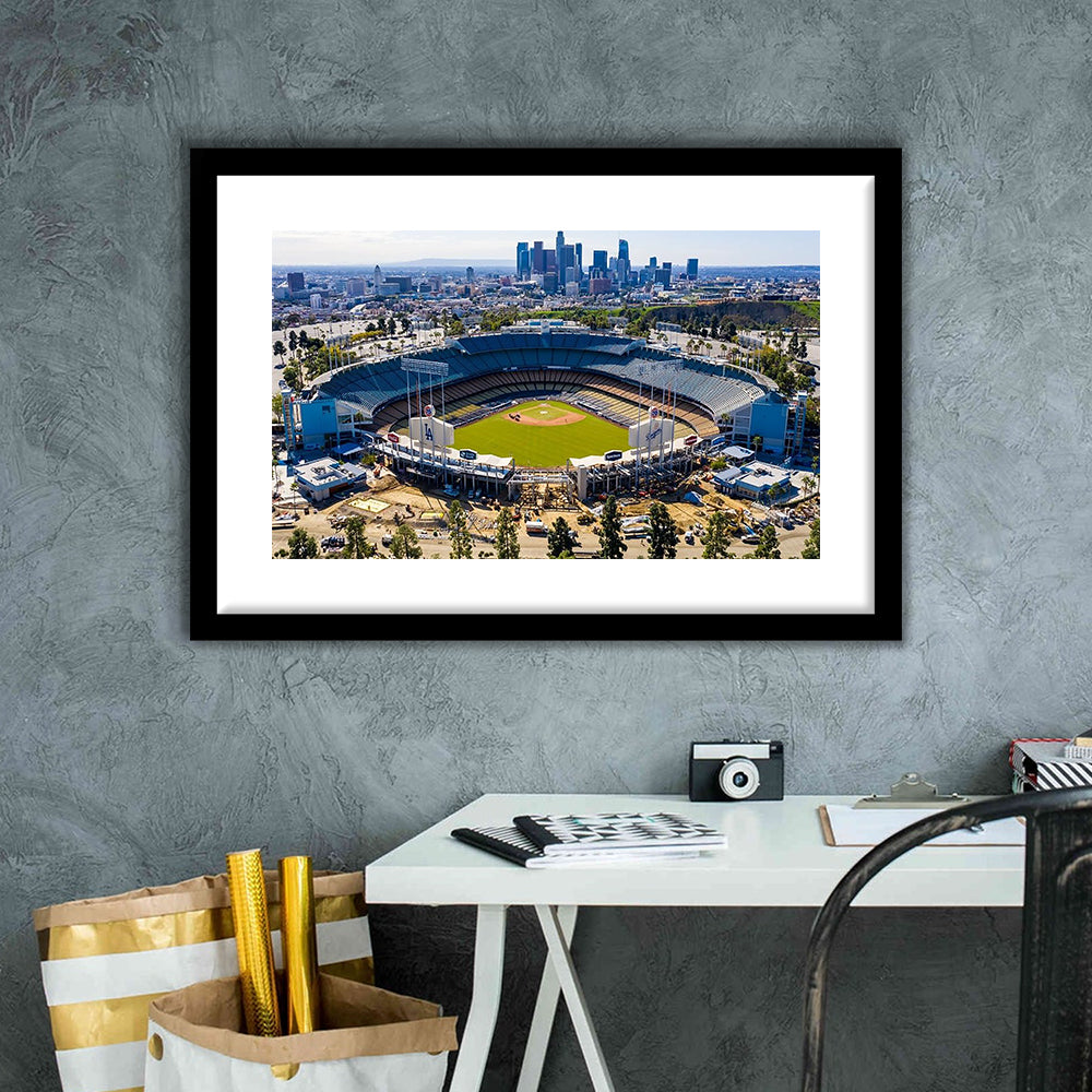 Dodger Stadium Aerial View, Stadium Canvas, Sport Art, Gift for him, White Border Framed Art Print Wall Decor