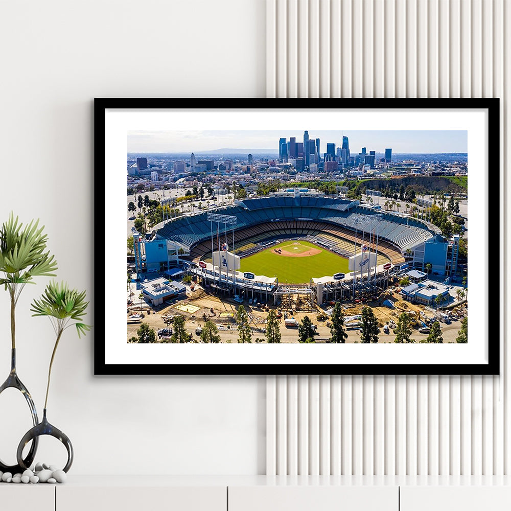 Dodger Stadium Aerial View, Stadium Canvas, Sport Art, Gift for him, White Border Framed Art Print Wall Decor