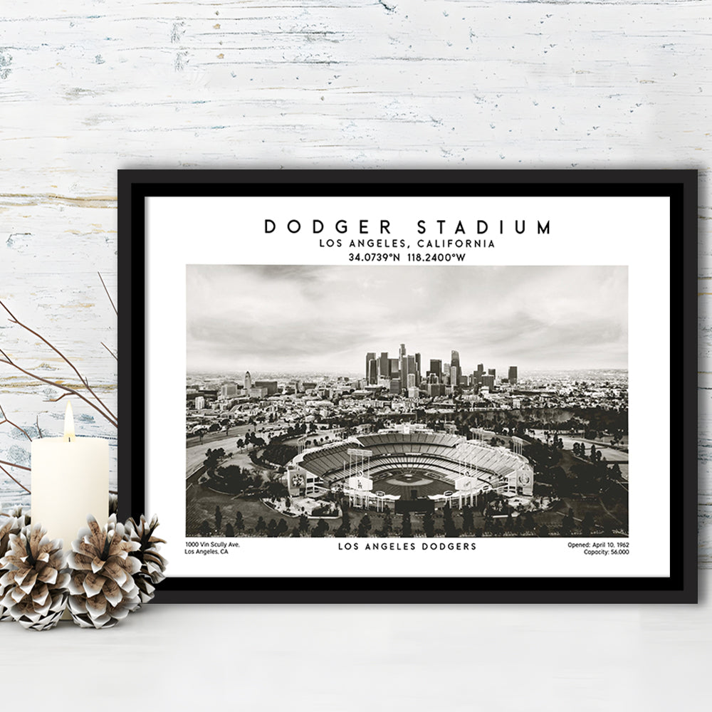 Dodger Stadium Black And White, Los Angeles Dodgers Baseball Stadium Wall Art, Framed Canvas Print Wall Art