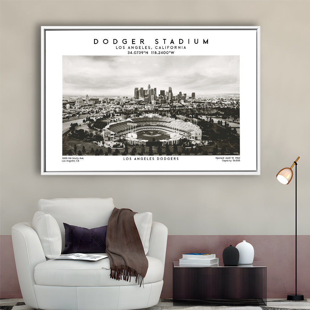 Dodger Stadium Black And White, Los Angeles Dodgers Baseball Stadium Wall Art, Framed Canvas Print Wall Art