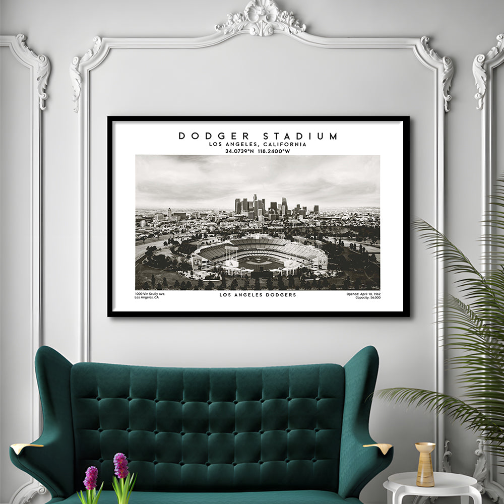 Dodger Stadium Black And White, Los Angeles Dodgers Baseball Stadium Wall Art, Framed Art Print Wall Decor