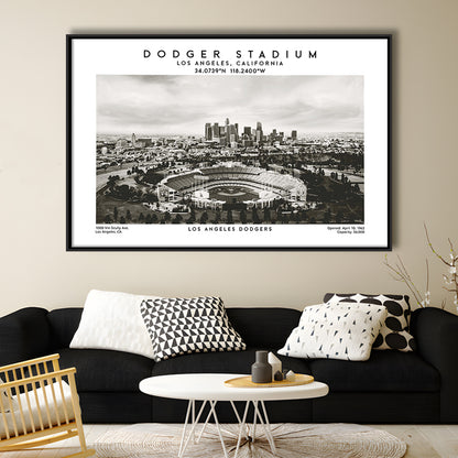 Dodger Stadium Black And White, Los Angeles Dodgers Baseball Stadium Wall Art, Framed Canvas Print Wall Art