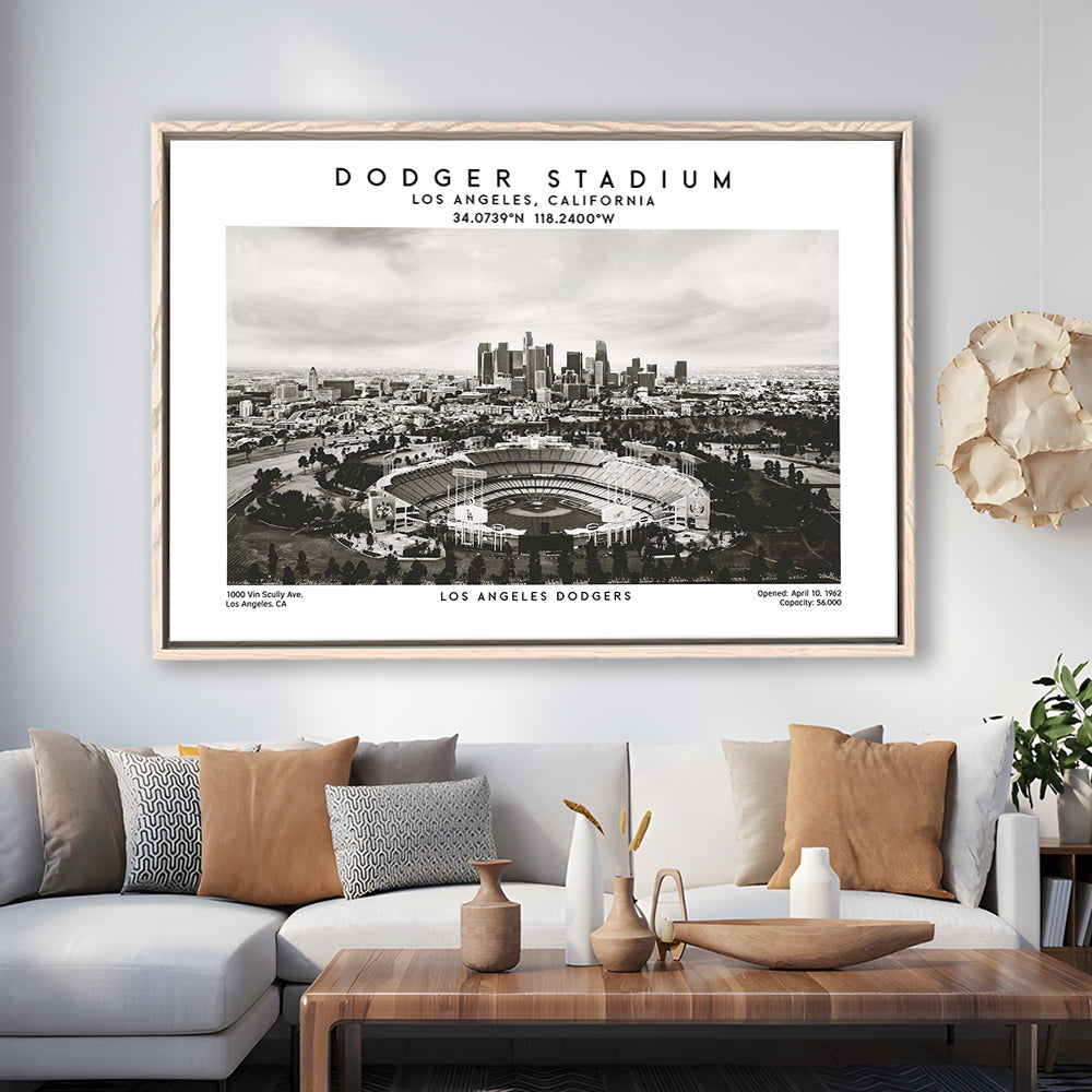 Dodger Stadium Black And White, Los Angeles Dodgers Baseball Stadium Wall Art, Framed Canvas Print Wall Art