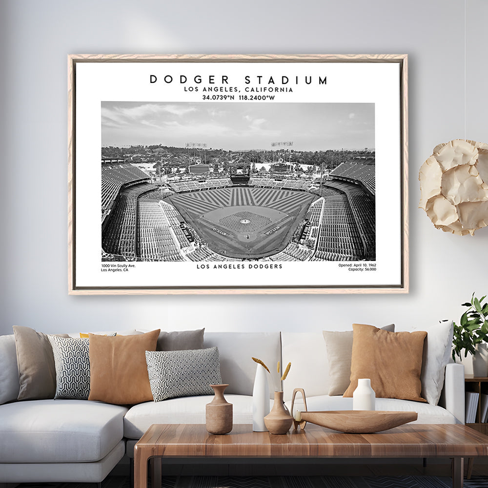 Dodger Stadium Black And White, Los Angeles Baseball Stadium Wall Art, Framed Canvas Print Wall Art