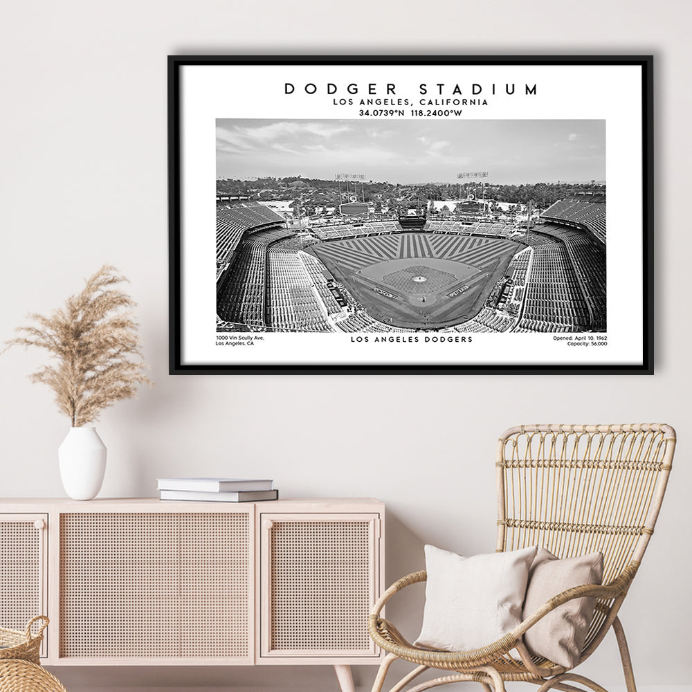 Dodger Stadium Black And White, Los Angeles Baseball Stadium Wall Art, Framed Canvas Print Wall Art