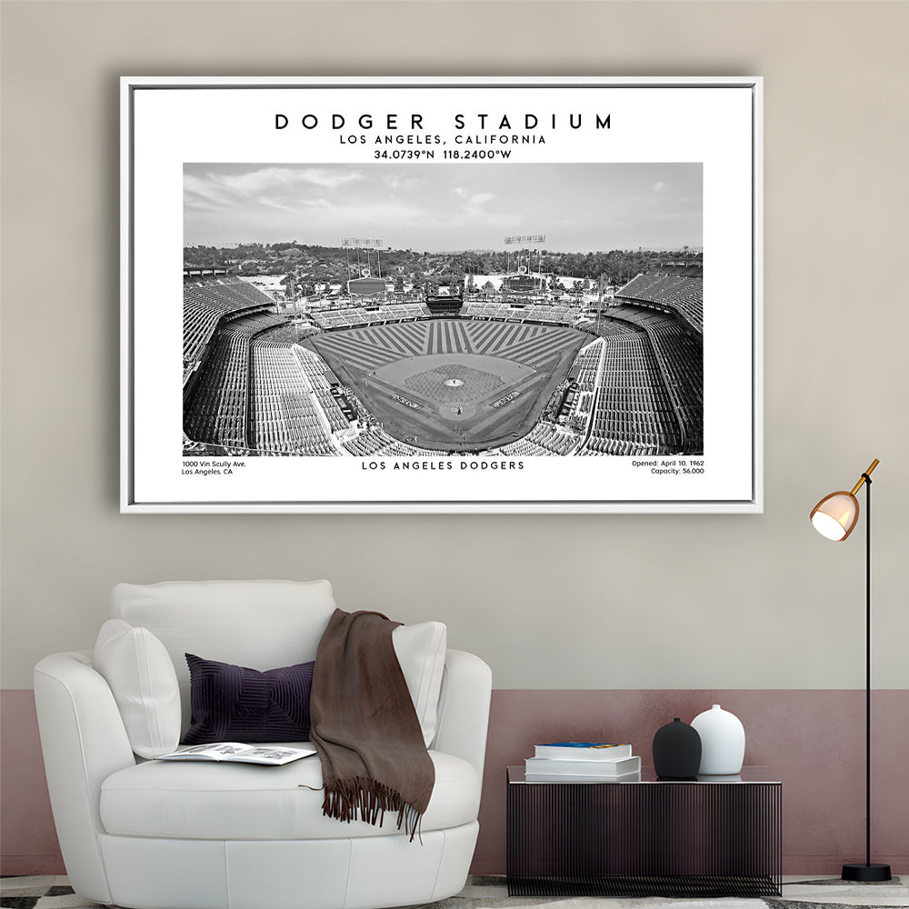 Dodger Stadium Black And White, Los Angeles Baseball Stadium Wall Art, Framed Canvas Print Wall Art