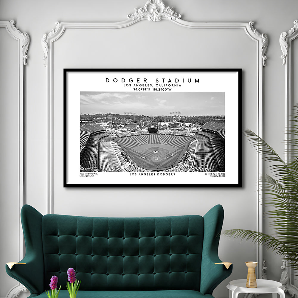 Dodger Stadium Black And White, Los Angeles Baseball Stadium Wall Art, Framed Art Print Wall Decor