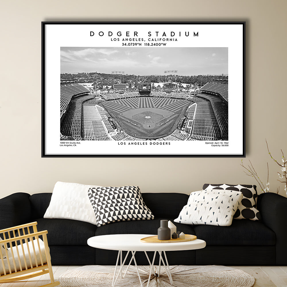 Dodger Stadium Black And White, Los Angeles Baseball Stadium Wall Art, Framed Canvas Print Wall Art
