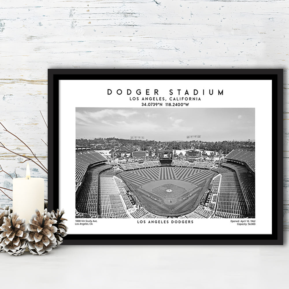 Dodger Stadium Black And White, Los Angeles Baseball Stadium Wall Art, Framed Canvas Print Wall Art