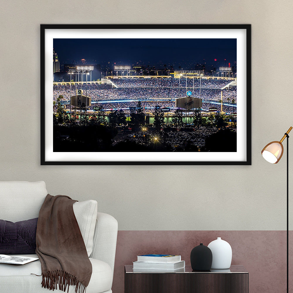 Dodger Stadium Los Angeles California At Night Panoramic Large Stretched, Framed Art Print White Border
