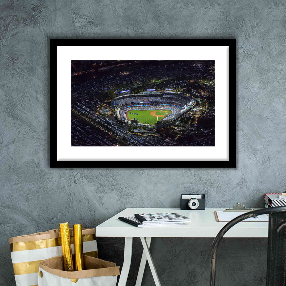 Dodger Stadium at Night View, Stadium Canvas, Sport Art, Gift for him, White Border Framed Art Print Wall Decor
