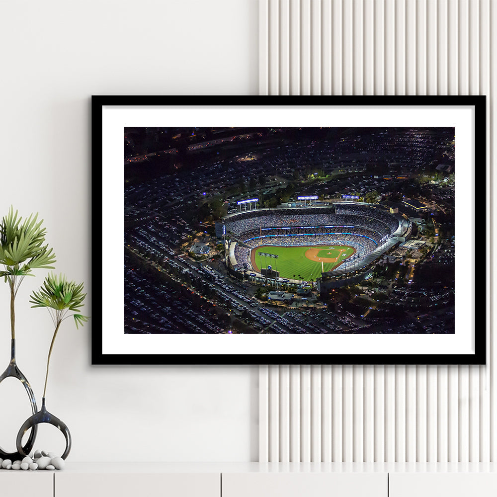Dodger Stadium at Night View, Stadium Canvas, Sport Art, Gift for him, White Border Framed Art Print Wall Decor