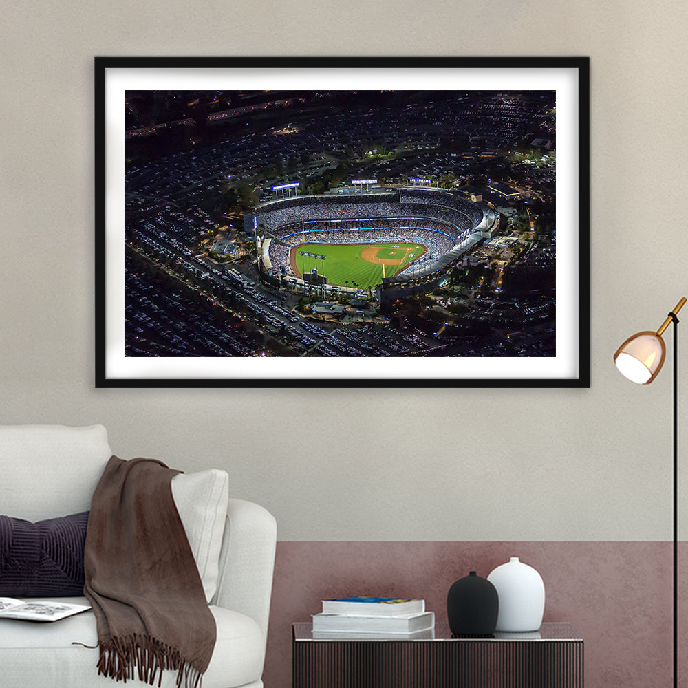 Dodger Stadium at Night View, Stadium Canvas, Sport Art, Gift for him, White Border Framed Art Print Wall Decor