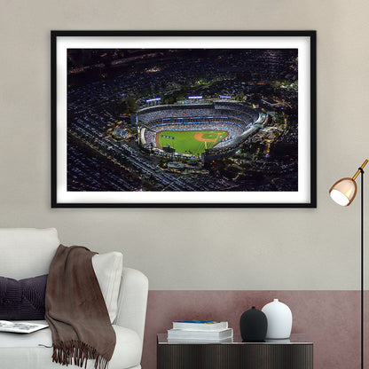 Dodger Stadium at Night View, Stadium Canvas, Sport Art, Gift for him, White Border Framed Art Print Wall Decor