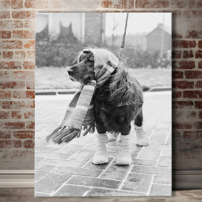 Dog Dressed for Winter Funny Vintage Animal Photo Black and White Art, Canvas Print Wall Art