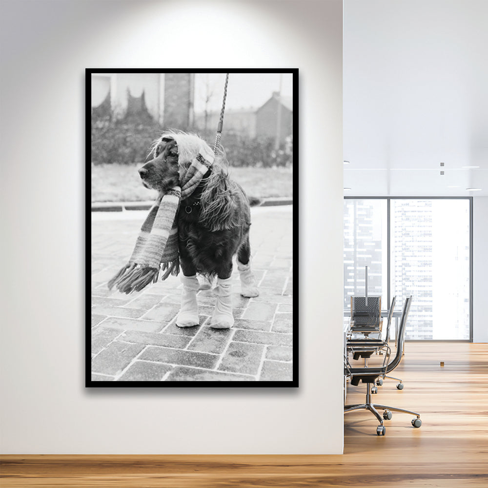 Dog Dressed for Winter Funny Vintage Animal Photo Black and White Art, Framed Art Print Wall Decor
