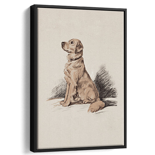 Dog Portrait Vintage Sketch Framed Canvas Print Wall Art, Yellow Labrador Retriever Print Nursery Decor