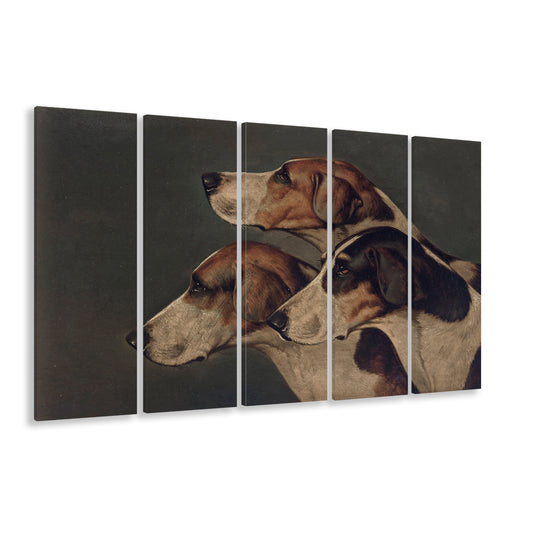 Dog Portraits Dogs Oil Painting Vintage Hunting Dogs 5 Panels Canvas Print Wall Art, Farmhouse Decors 5 Panels Wall Art