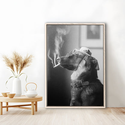 Dog Smoking a Cigarette Funny Vintage Animal Photo Black and White Art, Floating Framed Canvas Print