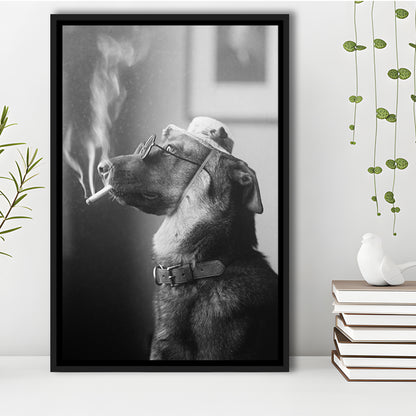 Dog Smoking a Cigarette Funny Vintage Animal Photo Black and White Art, Floating Framed Canvas Print