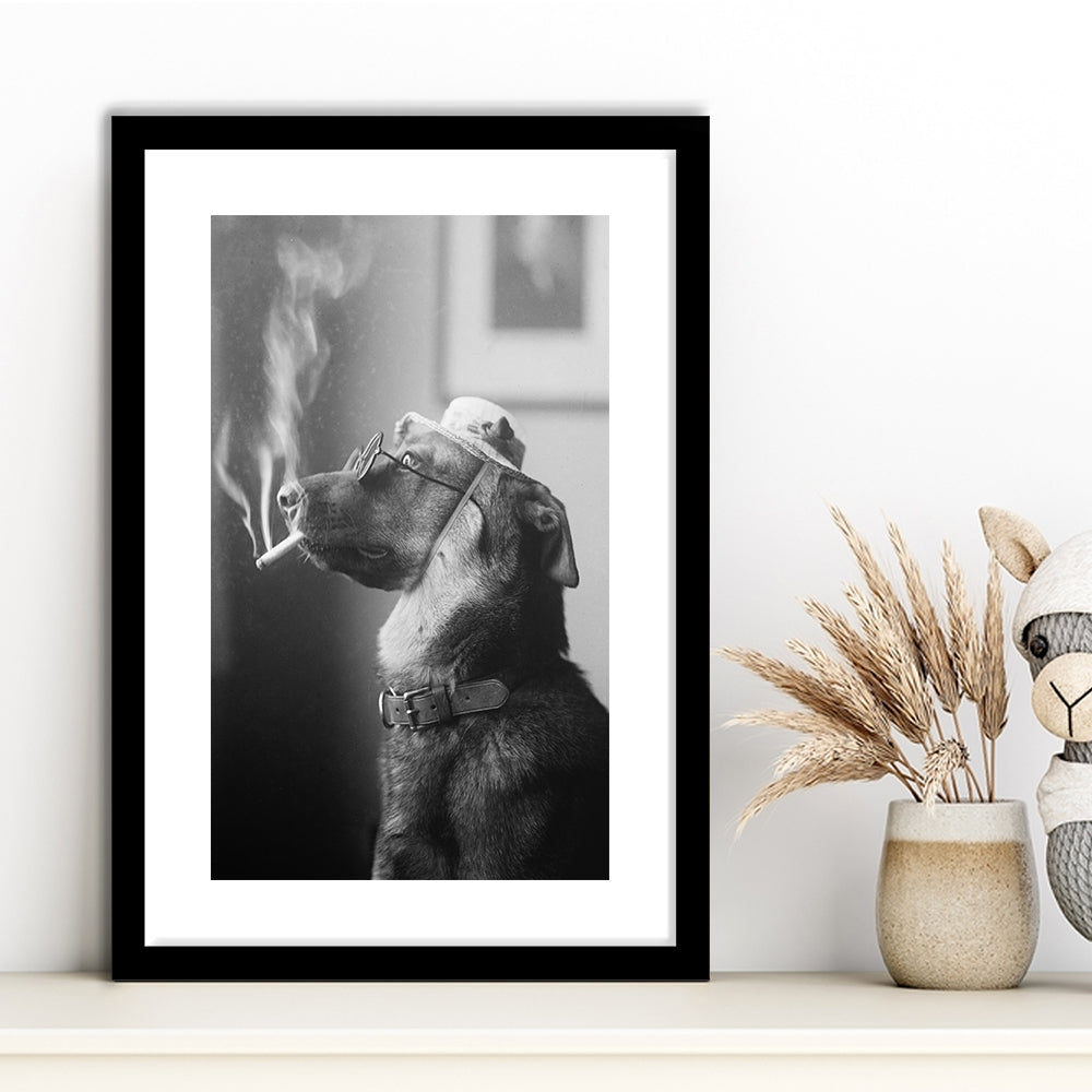 Dog Smoking a Cigarette Funny Vintage Animal Photo Black and White Art, Framed Art Print White Border Wall Decor