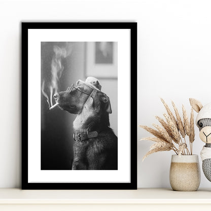 Dog Smoking a Cigarette Funny Vintage Animal Photo Black and White Art, Framed Art Print White Border Wall Decor