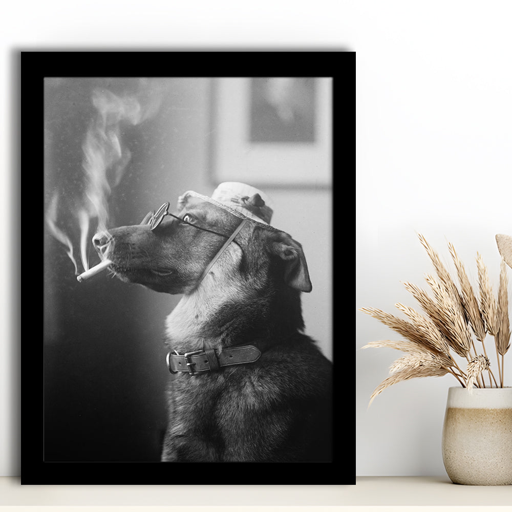 Dog Smoking a Cigarette Funny Vintage Animal Photo Black and White Art, Framed Art Print Wall Decor