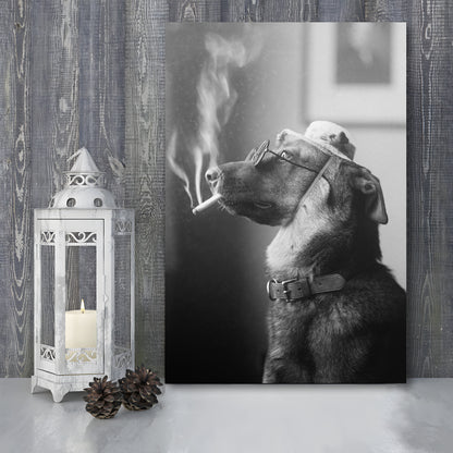 Dog Smoking a Cigarette Funny Vintage Animal Photo Black and White Art, Canvas Print Wall Art