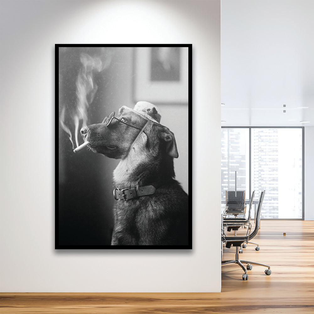 Dog Smoking a Cigarette Funny Vintage Animal Photo Black and White Art, Framed Art Print Wall Decor
