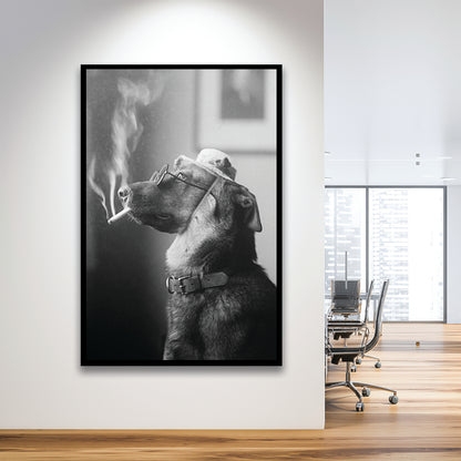 Dog Smoking a Cigarette Funny Vintage Animal Photo Black and White Art, Framed Art Print Wall Decor