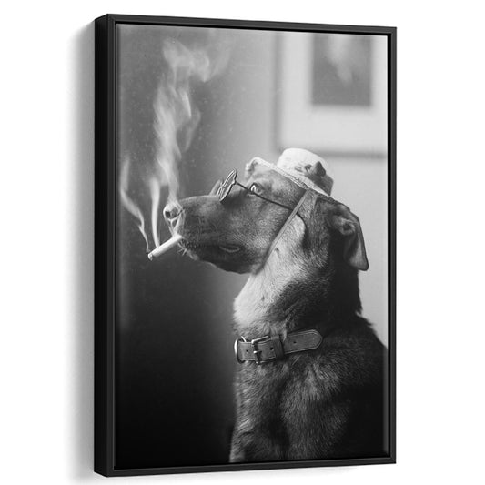 Dog Smoking a Cigarette Funny Vintage Animal Photo Black and White Art, Floating Framed Canvas Print