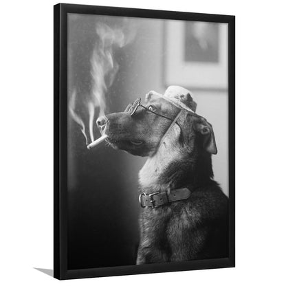Dog Smoking a Cigarette Funny Vintage Animal Photo Black and White Art, Framed Art Print Wall Decor