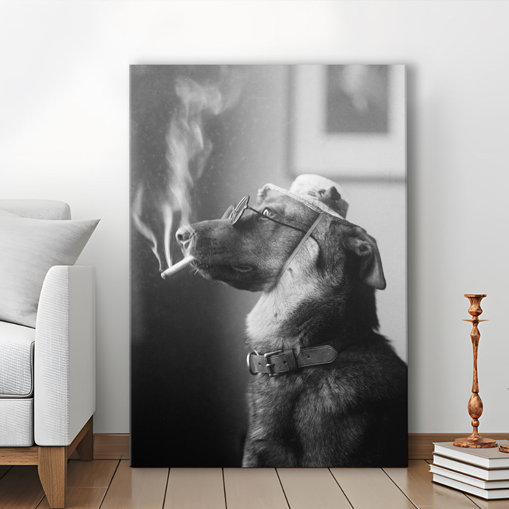 Dog Smoking a Cigarette Funny Vintage Animal Photo Black and White Art, Canvas Print Wall Art