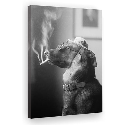 Dog Smoking a Cigarette Funny Vintage Animal Photo Black and White Art, Canvas Print Wall Art