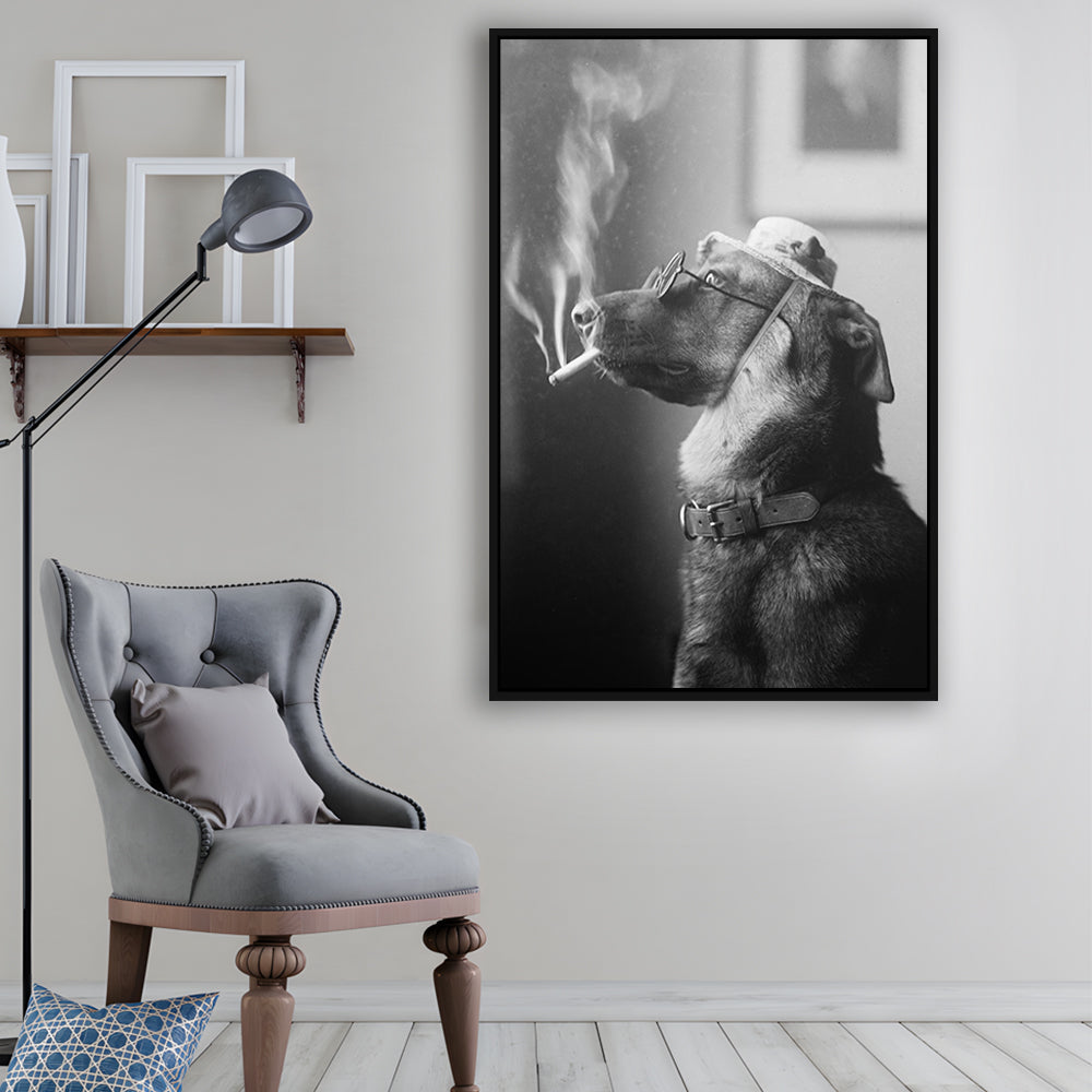 Dog Smoking a Cigarette Funny Vintage Animal Photo Black and White Art, Floating Framed Canvas Print