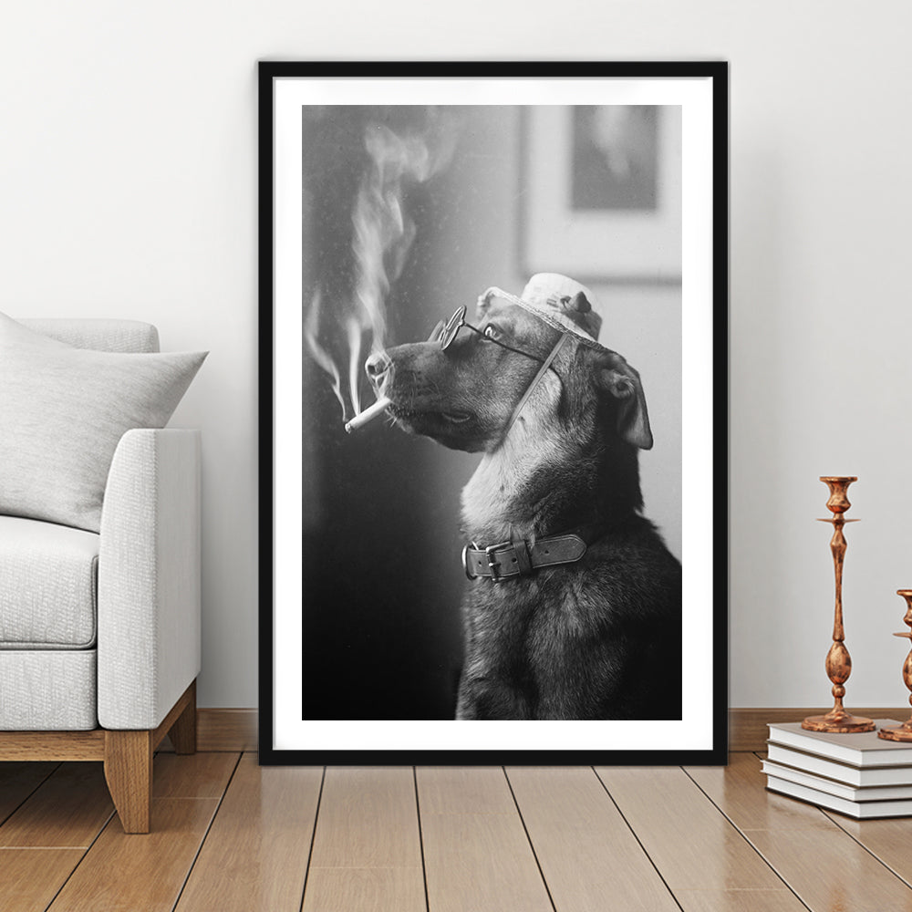 Dog Smoking a Cigarette Funny Vintage Animal Photo Black and White Art, Framed Art Print White Border Wall Decor