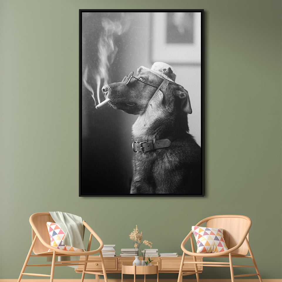 Dog Smoking a Cigarette Funny Vintage Animal Photo Black and White Art, Floating Framed Canvas Print