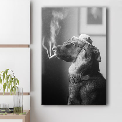 Dog Smoking a Cigarette Funny Vintage Animal Photo Black and White Art, Canvas Print Wall Art