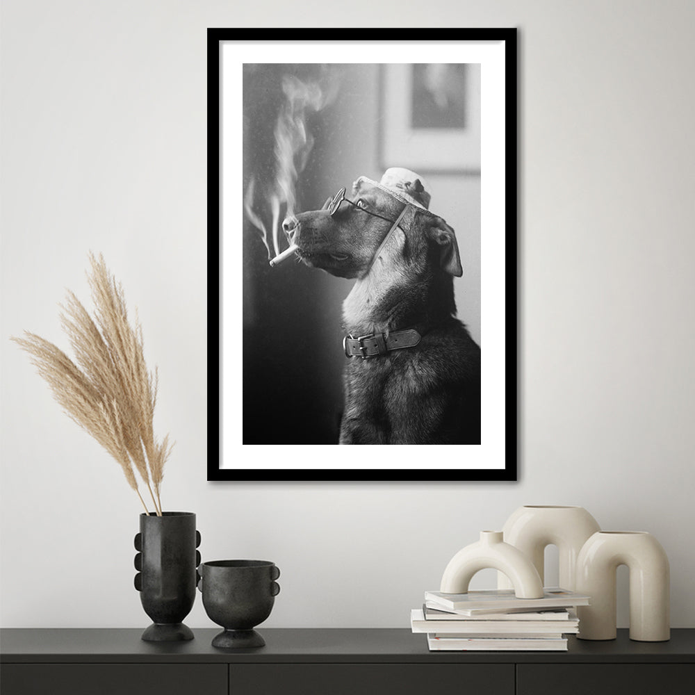 Dog Smoking a Cigarette Funny Vintage Animal Photo Black and White Art, Framed Art Print White Border Wall Decor