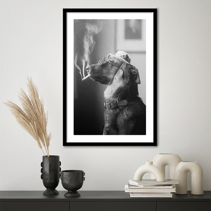 Dog Smoking a Cigarette Funny Vintage Animal Photo Black and White Art, Framed Art Print White Border Wall Decor