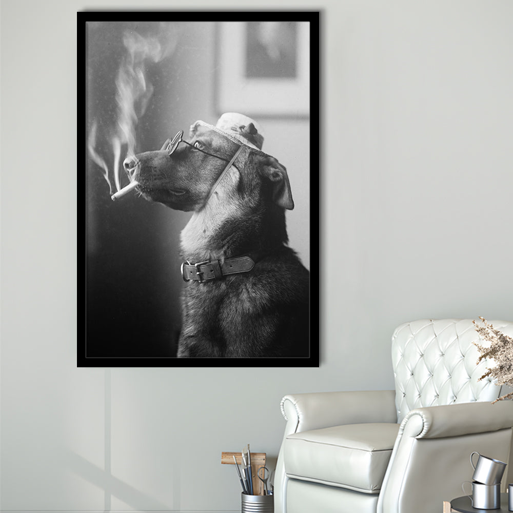 Dog Smoking a Cigarette Funny Vintage Animal Photo Black and White Art, Framed Art Print Wall Decor