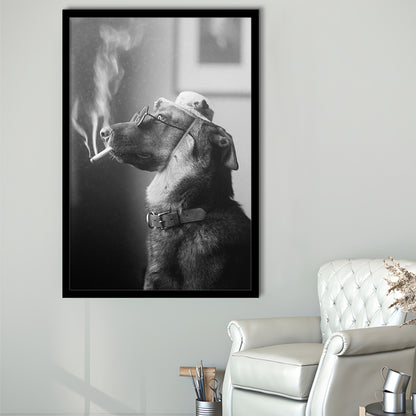 Dog Smoking a Cigarette Funny Vintage Animal Photo Black and White Art, Framed Art Print Wall Decor