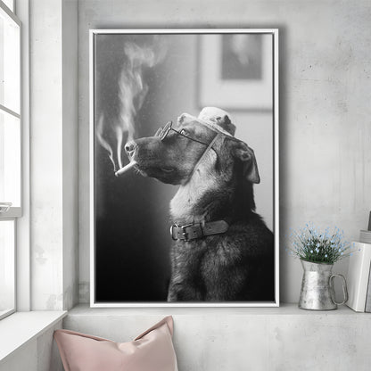 Dog Smoking a Cigarette Funny Vintage Animal Photo Black and White Art, Floating Framed Canvas Print