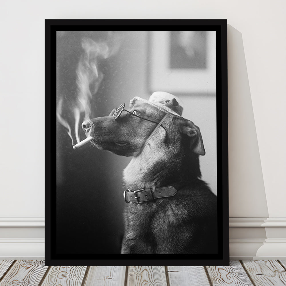 Dog Smoking a Cigarette Funny Vintage Animal Photo Black and White Art, Floating Framed Canvas Print