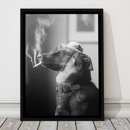 Dog Smoking a Cigarette Funny Vintage Animal Photo Black and White Art, Floating Framed Canvas Print