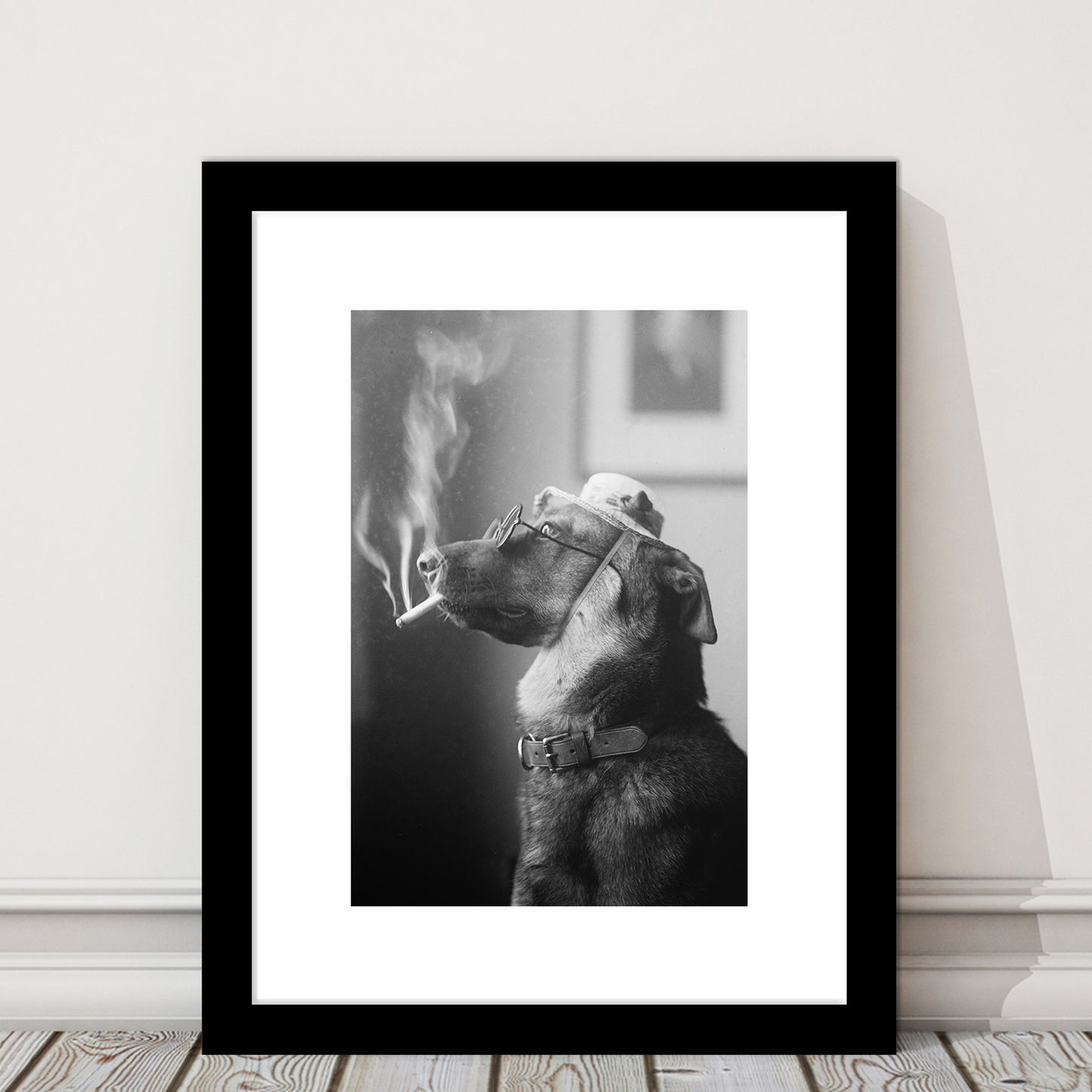 Dog Smoking a Cigarette Funny Vintage Animal Photo Black and White Art, Framed Art Print White Border Wall Decor