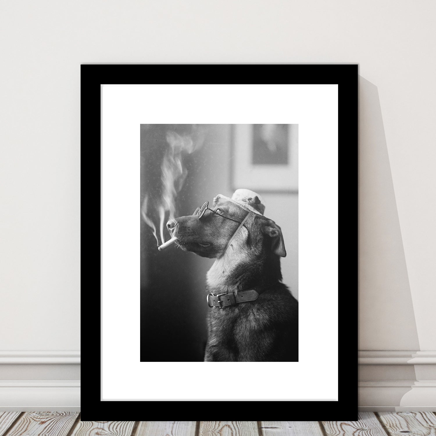 Dog Smoking a Cigarette Funny Vintage Animal Photo Black and White Art, Framed Art Print White Border Wall Decor