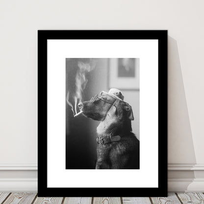 Dog Smoking a Cigarette Funny Vintage Animal Photo Black and White Art, Framed Art Print White Border Wall Decor