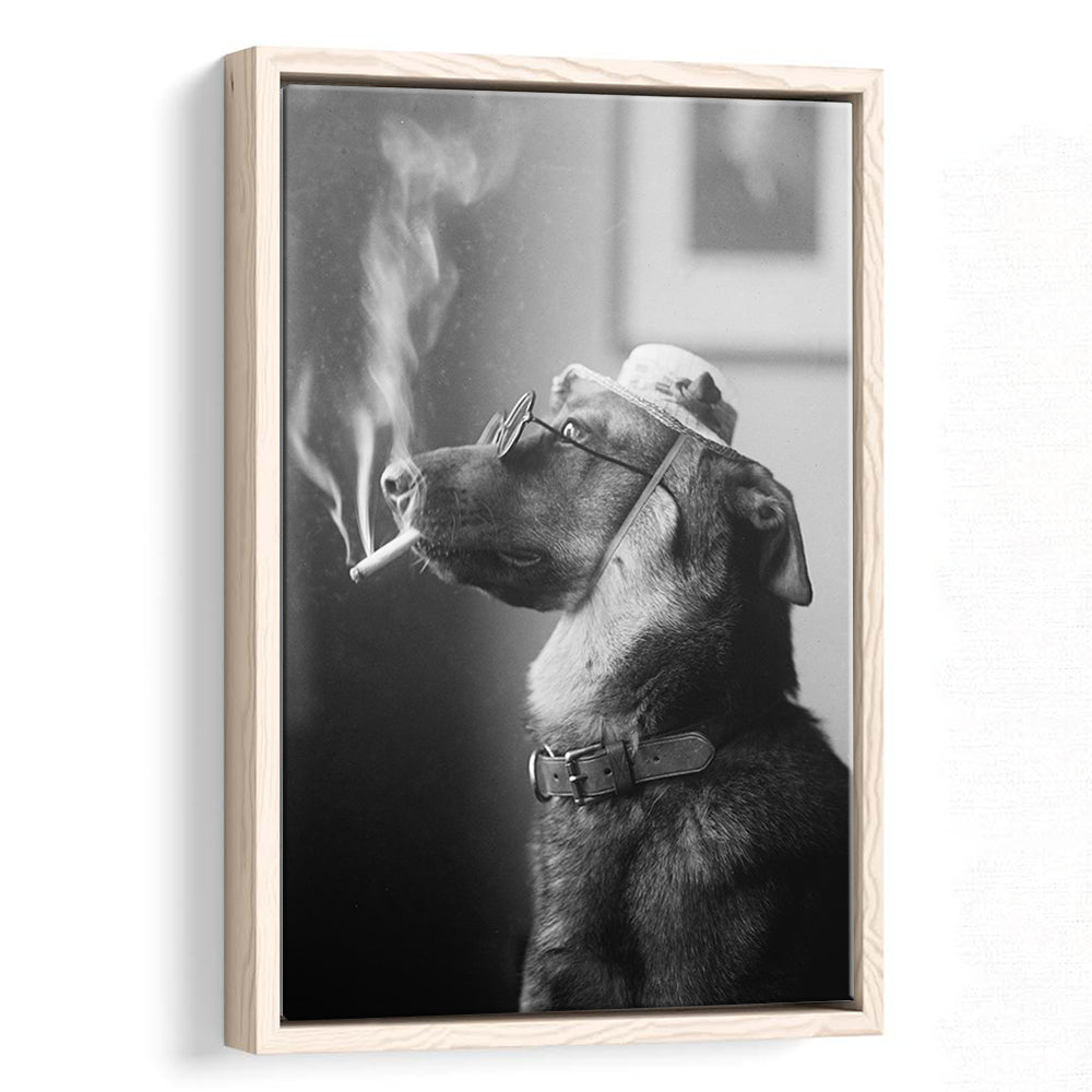 Dog Smoking a Cigarette Funny Vintage Animal Photo Black and White Art, Floating Framed Canvas Print